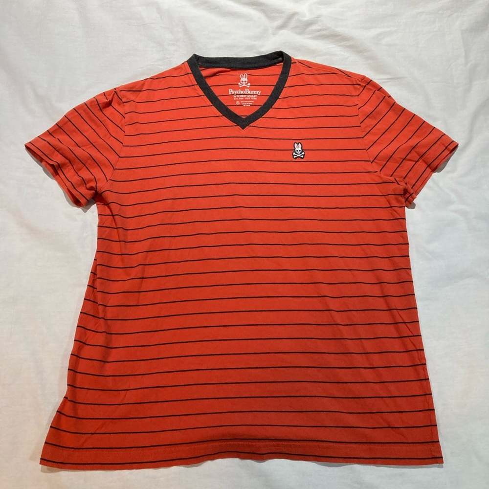 Psycho Bunny Striped V-neck Shirt, Men’s size 5 (M/L)